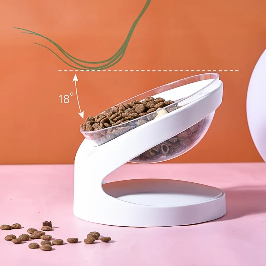White elevated plastic cat feeder bowl with a tilted design for anti-vomit feeding.