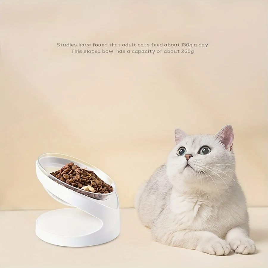White elevated plastic cat feeder bowl with a tilted design for anti-vomit feeding.