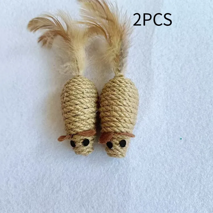 Bite ball molar pet toy made from cotton strips and sisal rope, shown as oval sisal mouse