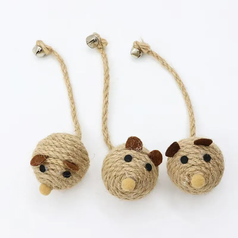 Bite ball molar pet toy made from cotton strips and sisal rope, shown as oval sisal mouse
