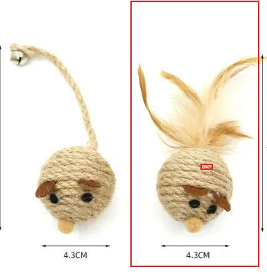 Bite ball molar pet toy made from cotton strips and sisal rope, shown as oval sisal mouse