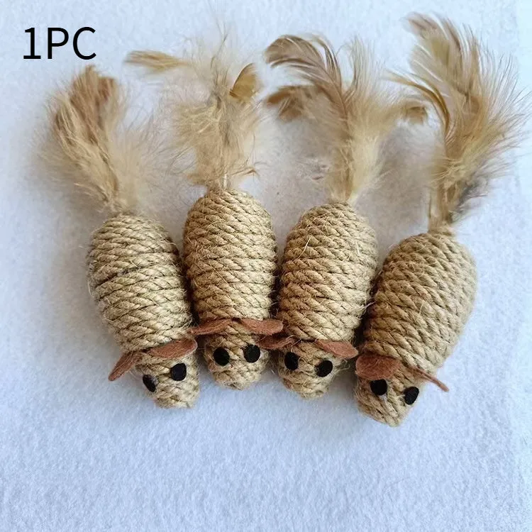 Bite ball molar pet toy made from cotton strips and sisal rope, shown as oval sisal mouse