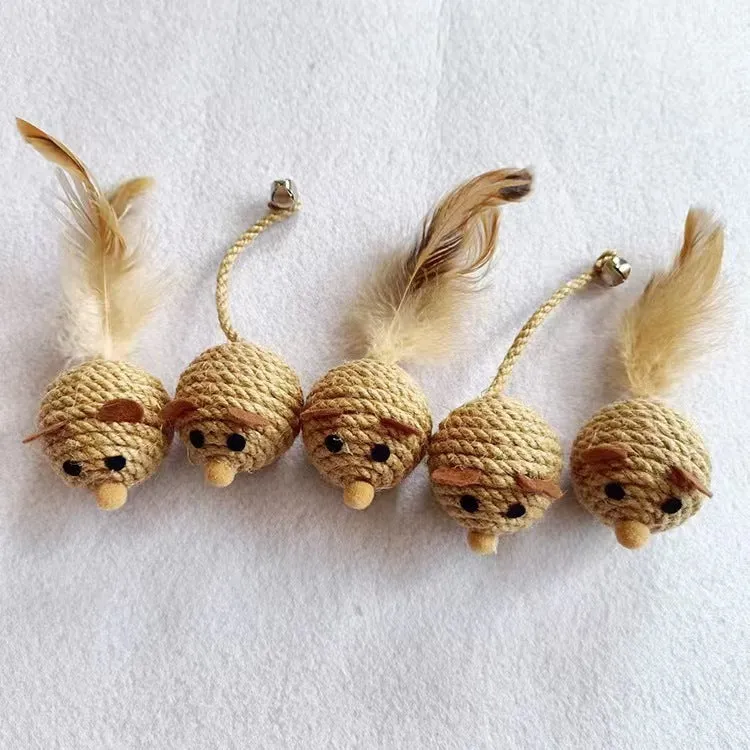 Bite ball molar pet toy made from cotton strips and sisal rope, shown as oval sisal mouse