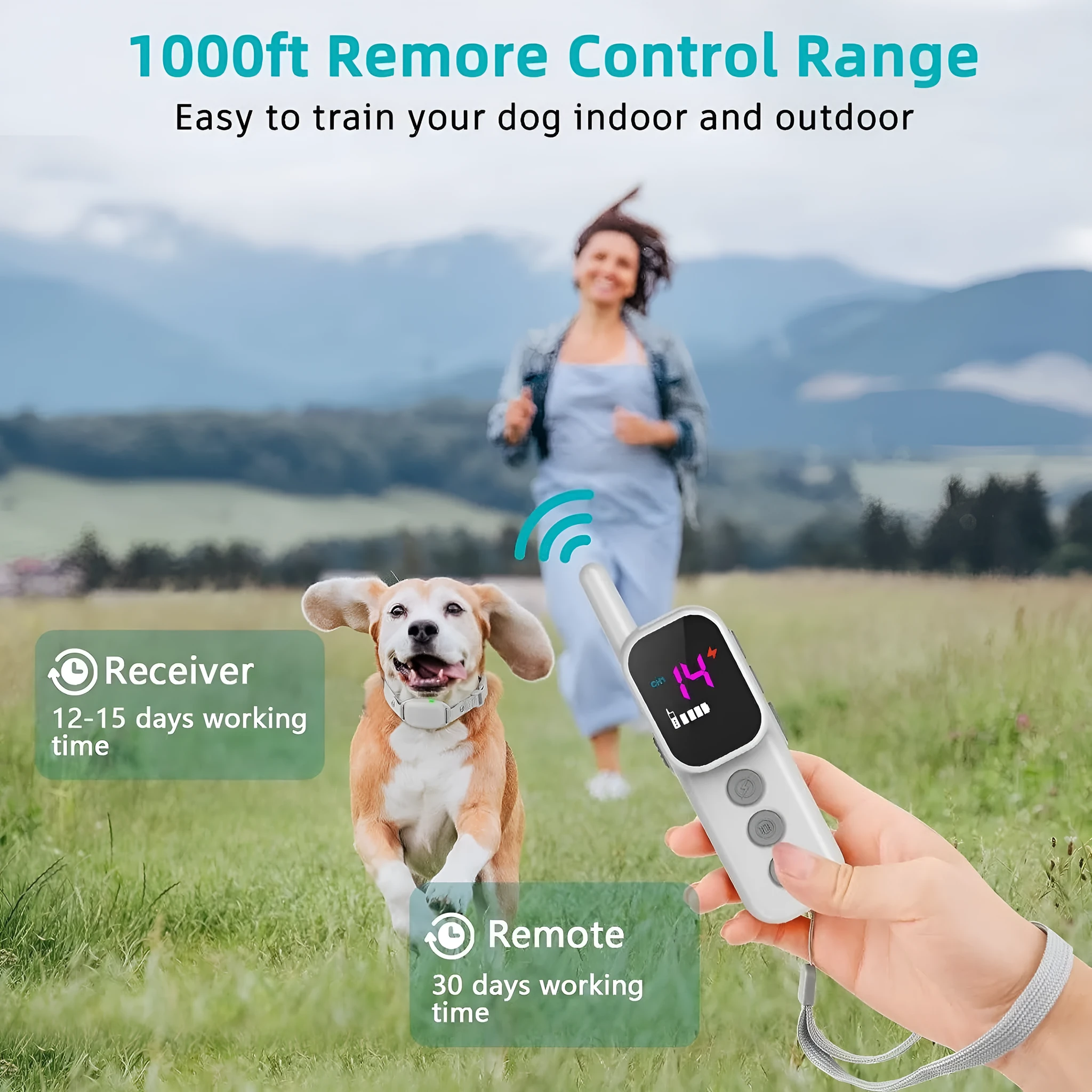 Remote control dog training bark-stop trainer with colour screen in black and white ABS plastic housing
