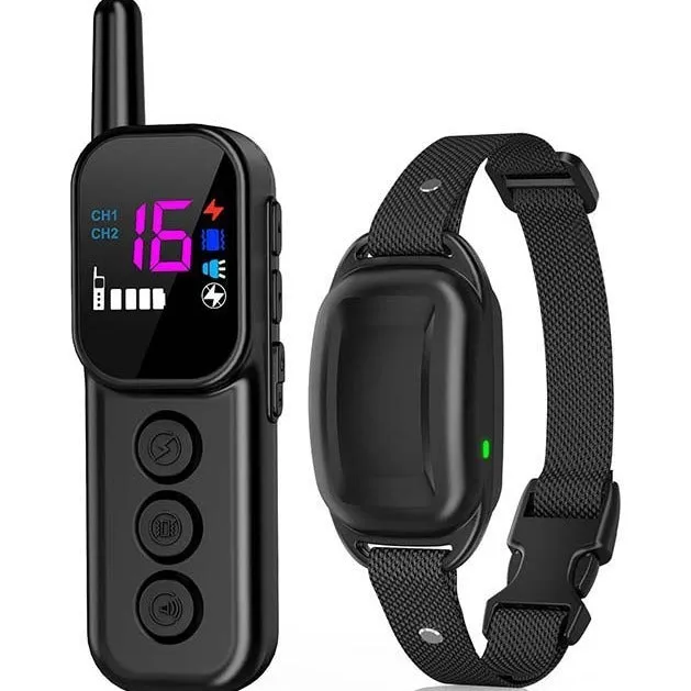 Remote control dog training bark-stop trainer with colour screen in black and white ABS plastic housing
