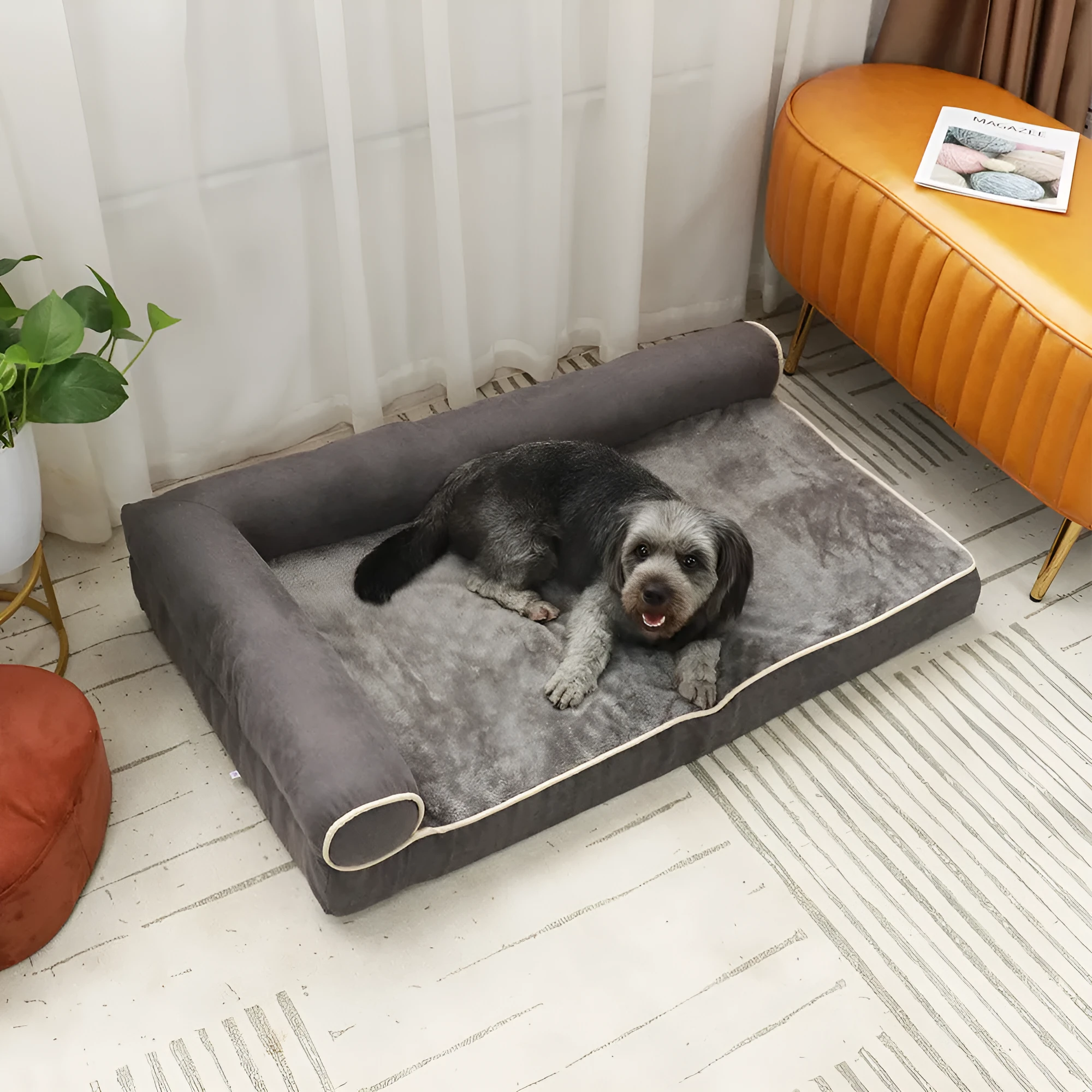 Solid colour cloth pet bed for dogs in khaki, shown on a floor with a size label