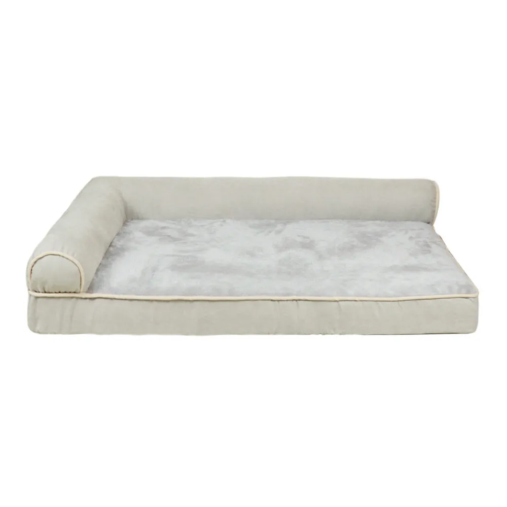 Solid colour cloth pet bed for dogs in khaki, shown on a floor with a size label