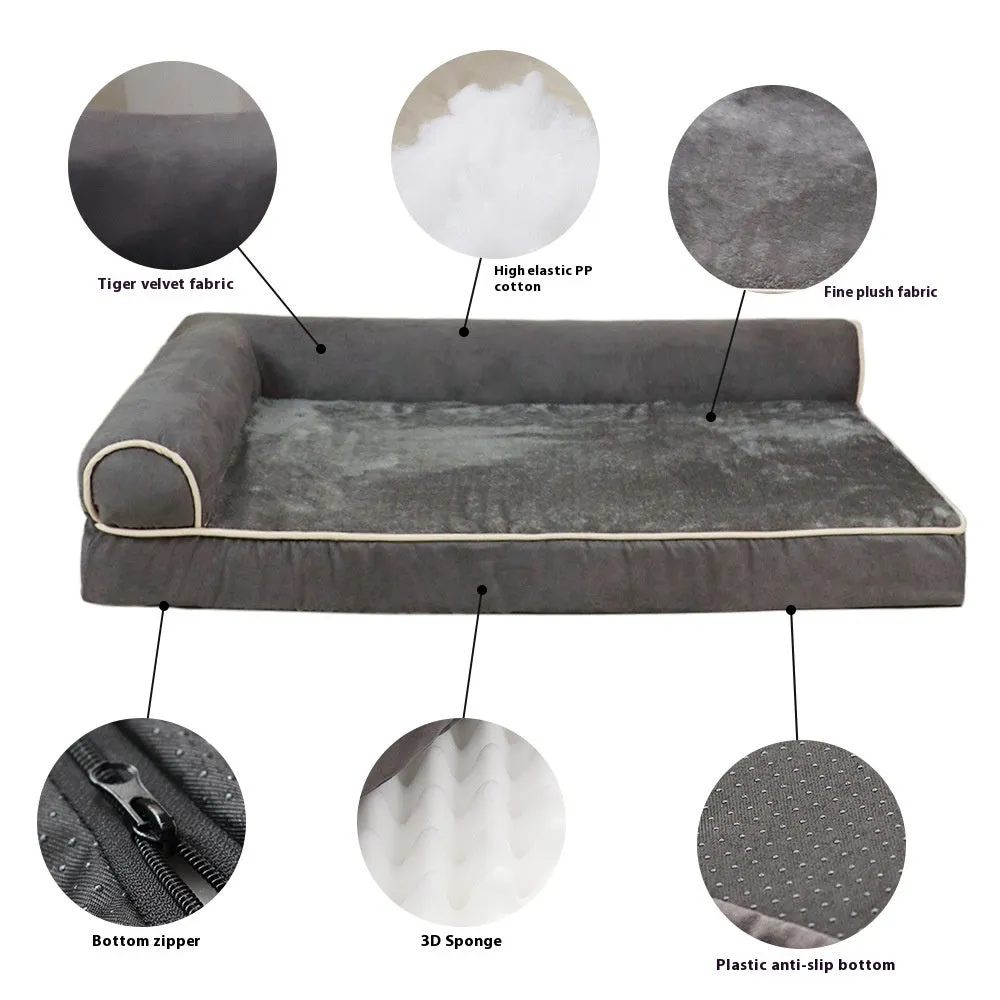 Solid colour cloth pet bed for dogs in khaki, shown on a floor with a size label