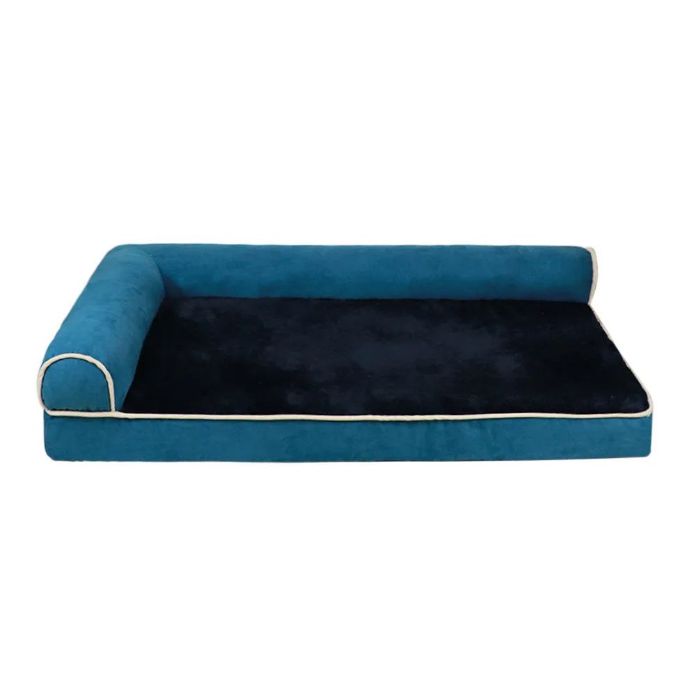 Solid colour cloth pet bed for dogs in khaki, shown on a floor with a size label