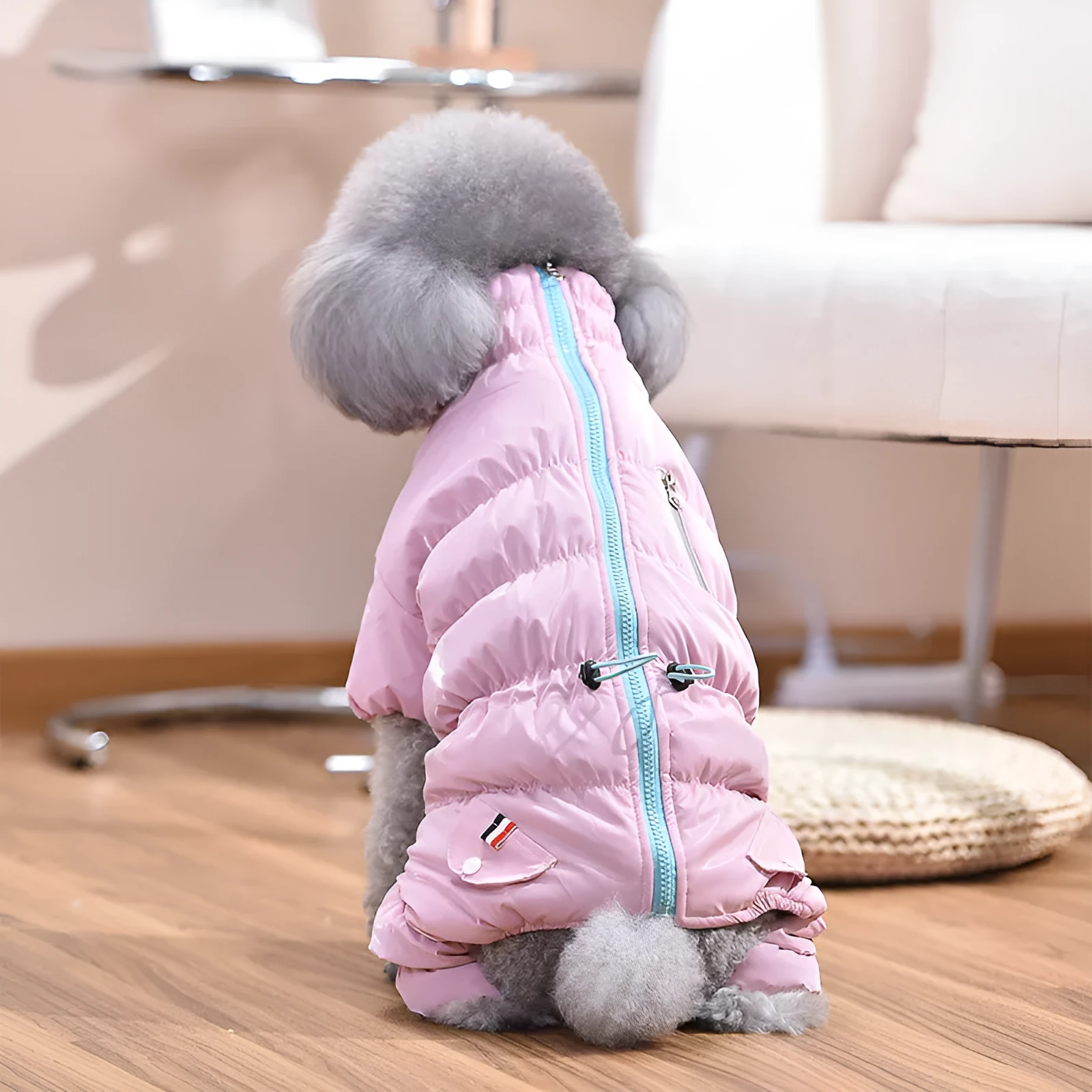 Dog Fashion Outdoor Tight Belly Wrap Shell Jacket in pink polyester cotton on a standing dog