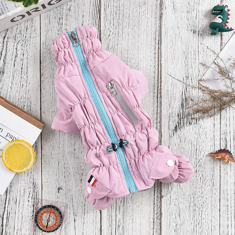 Dog Fashion Outdoor Tight Belly Wrap Shell Jacket in pink polyester cotton on a standing dog