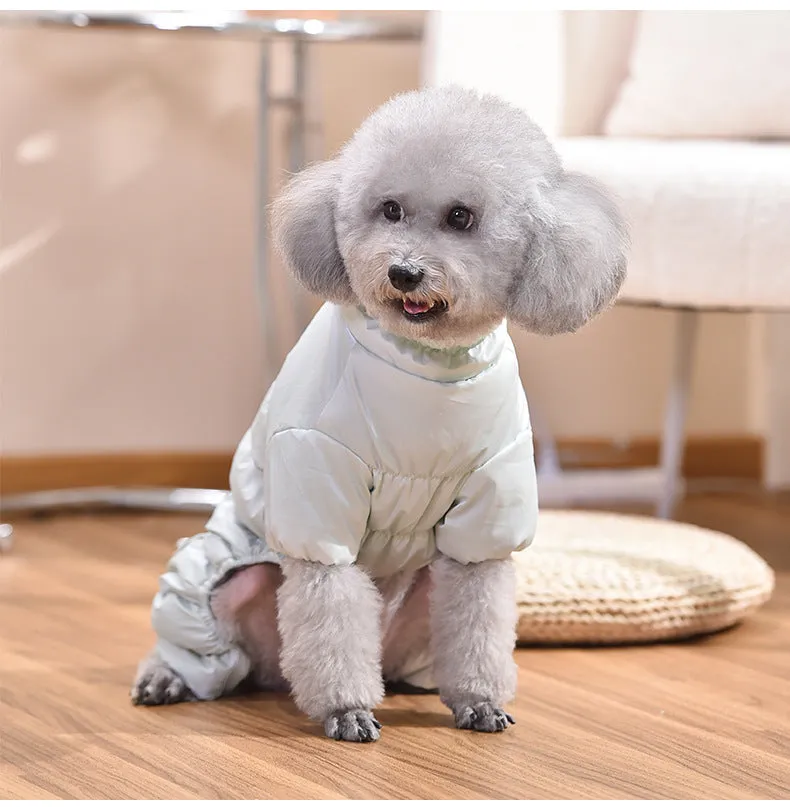 Dog Fashion Outdoor Tight Belly Wrap Shell Jacket in pink polyester cotton on a standing dog
