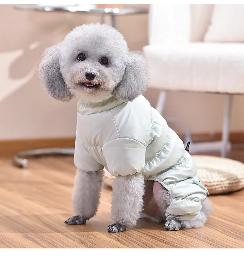 Dog Fashion Outdoor Tight Belly Wrap Shell Jacket in pink polyester cotton on a standing dog