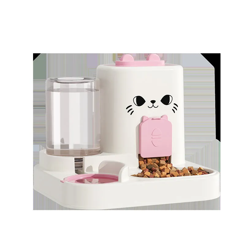 PP plastic cat feeder with integrated water and grain compartments in gray cat face design