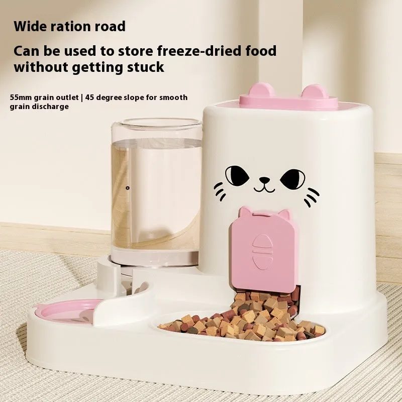 PP plastic cat feeder with integrated water and grain compartments in gray cat face design