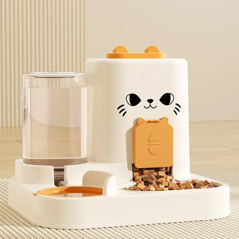 PP plastic cat feeder with integrated water and grain compartments in gray cat face design