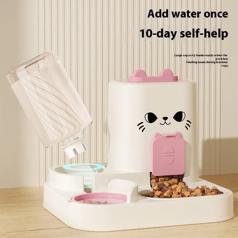 PP plastic cat feeder with integrated water and grain compartments in gray cat face design
