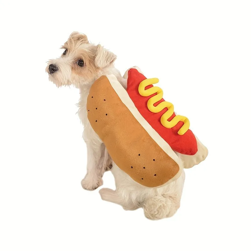 Red hot dog costume outfit on small dog with velcro belly fastening