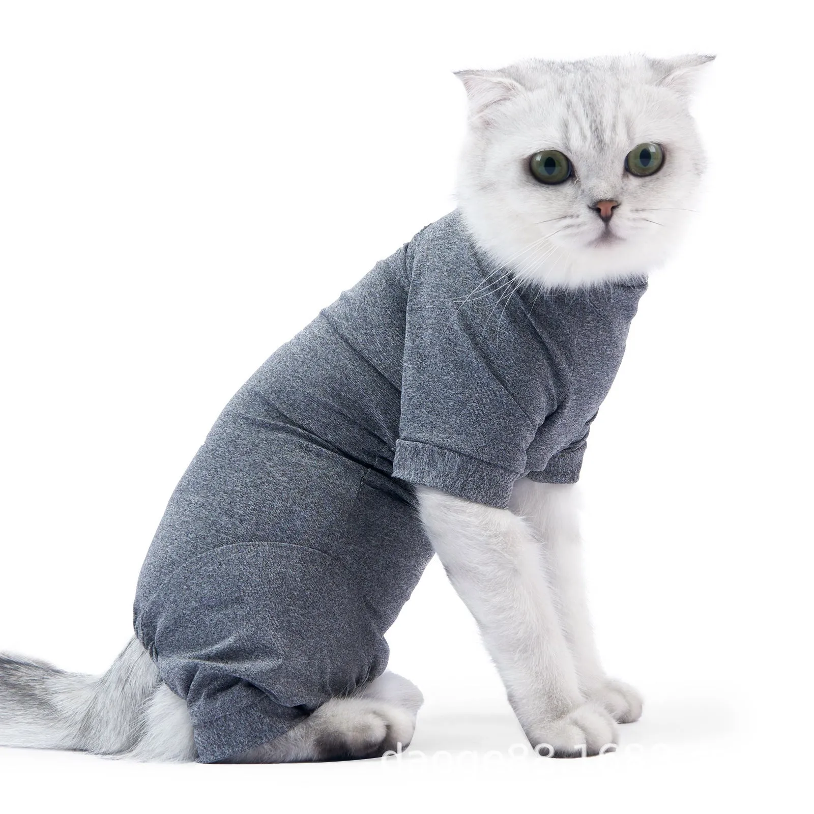 Cat neutering recovery suit in blending gray polyester with sizes XS to L for post-surgery wound protection
