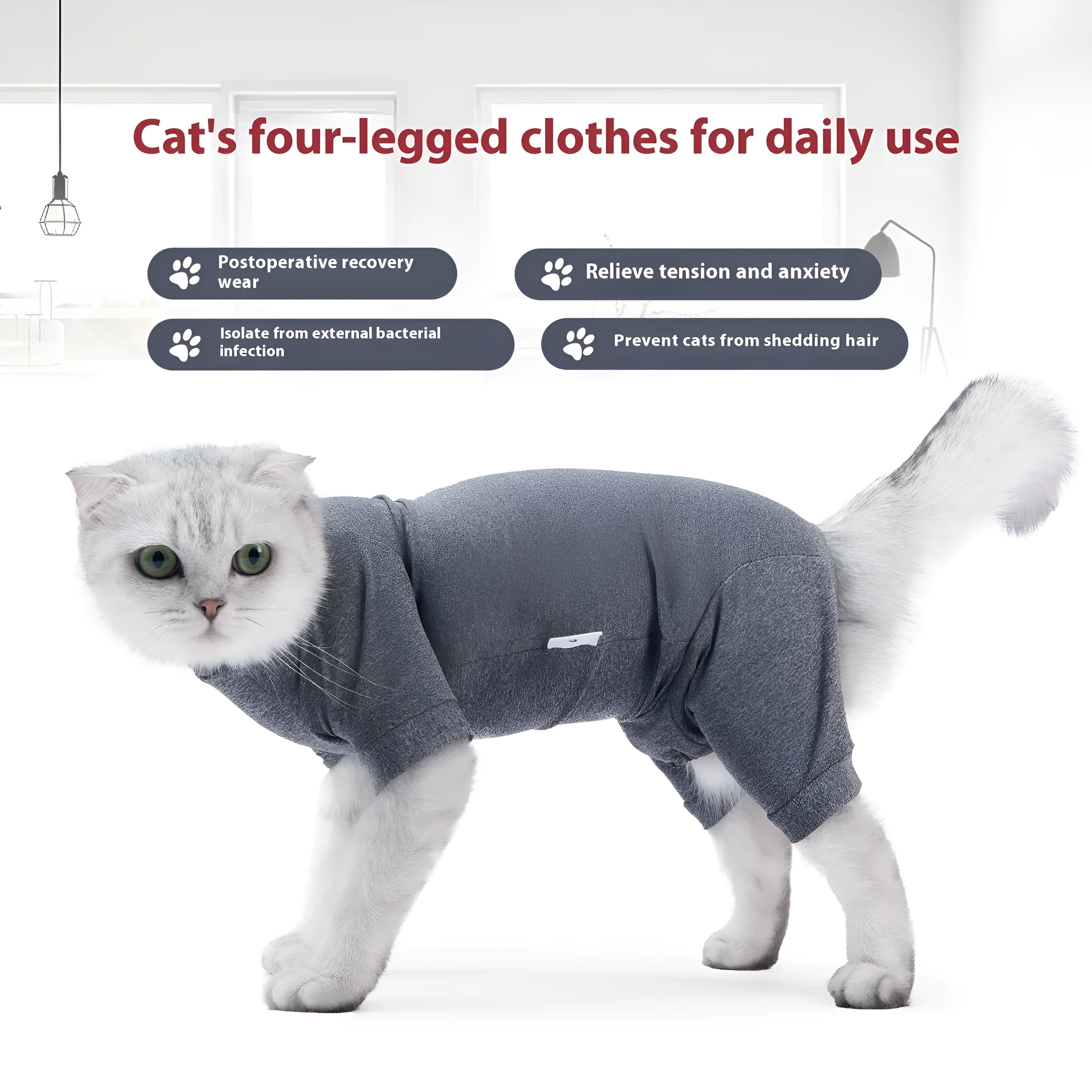 Cat neutering recovery suit in blending gray polyester with sizes XS to L for post-surgery wound protection