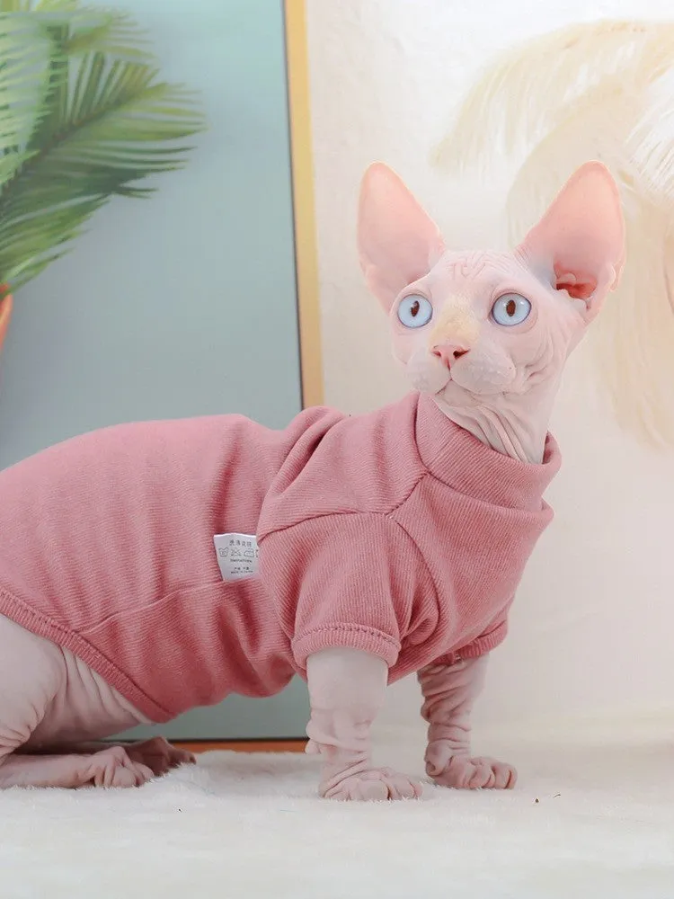 Hairless cat wearing toothpick Dralon jumper in cherry pink, two-foot design for front legs, soft autumn winter pet clothing