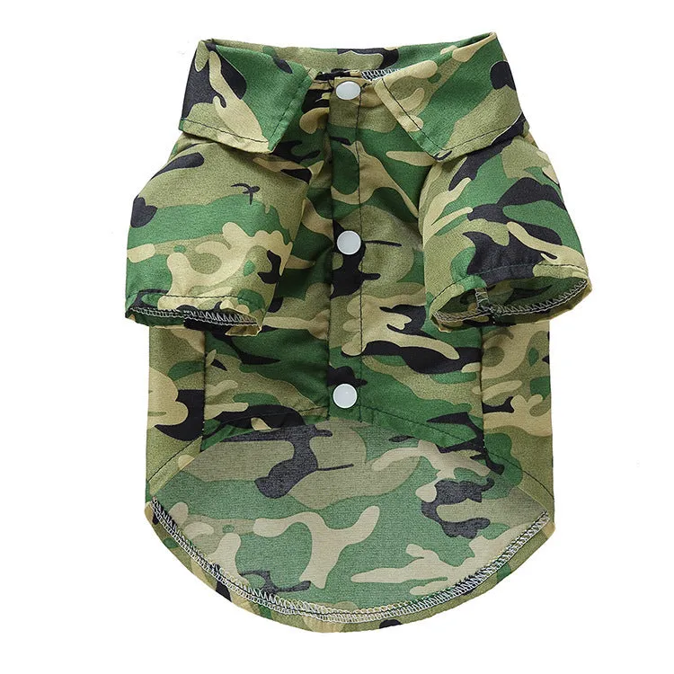 Fruit-themed casual polyester dog clothes in six colours on a small dog, size S to XL available