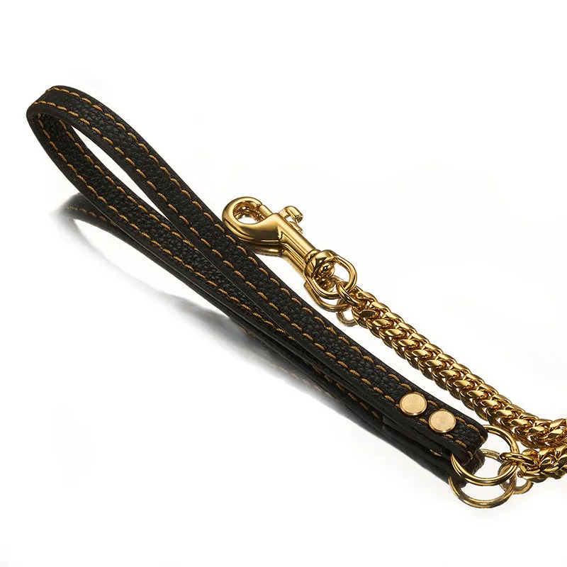 Stainless steel Cuban link chain dog hand holding rope with black leather handle