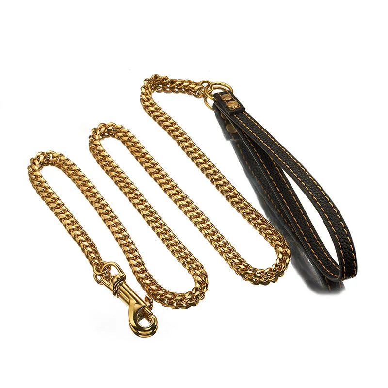 Stainless steel Cuban link chain dog hand holding rope with black leather handle
