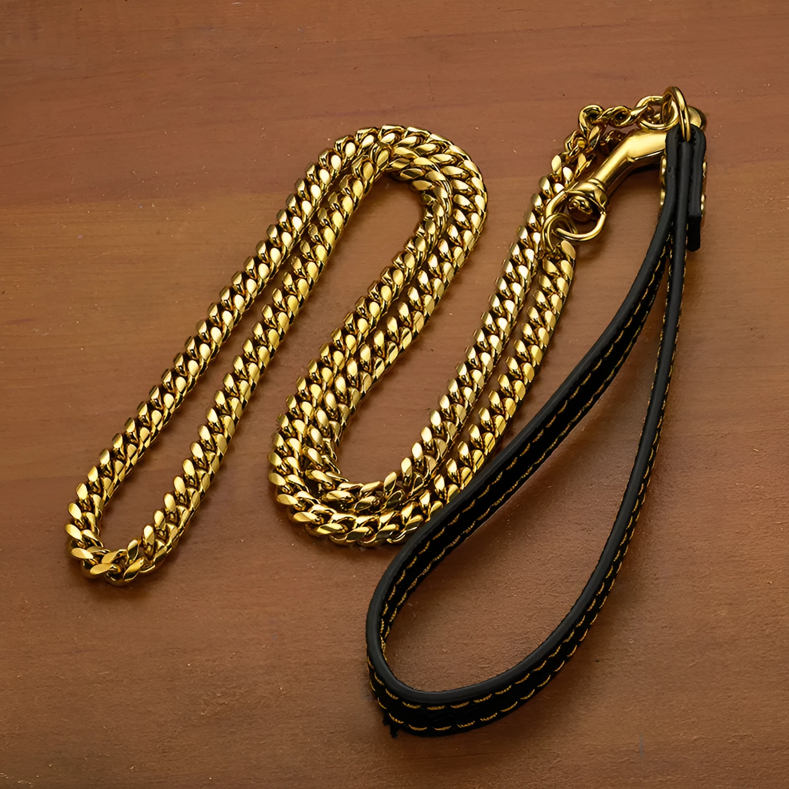Stainless steel Cuban link chain dog hand holding rope with black leather handle