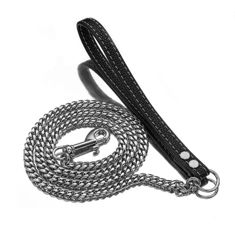 Stainless steel Cuban link chain dog hand holding rope with black leather handle