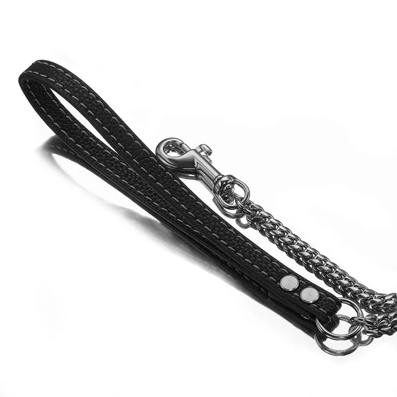 Stainless steel Cuban link chain dog hand holding rope with black leather handle