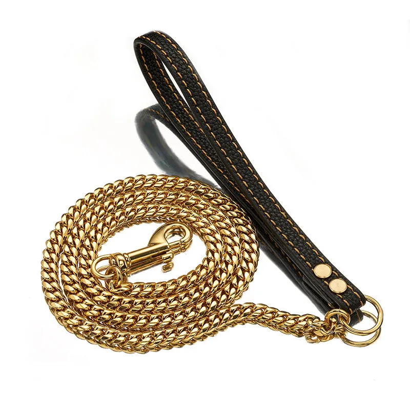 Stainless steel Cuban link chain dog hand holding rope with black leather handle