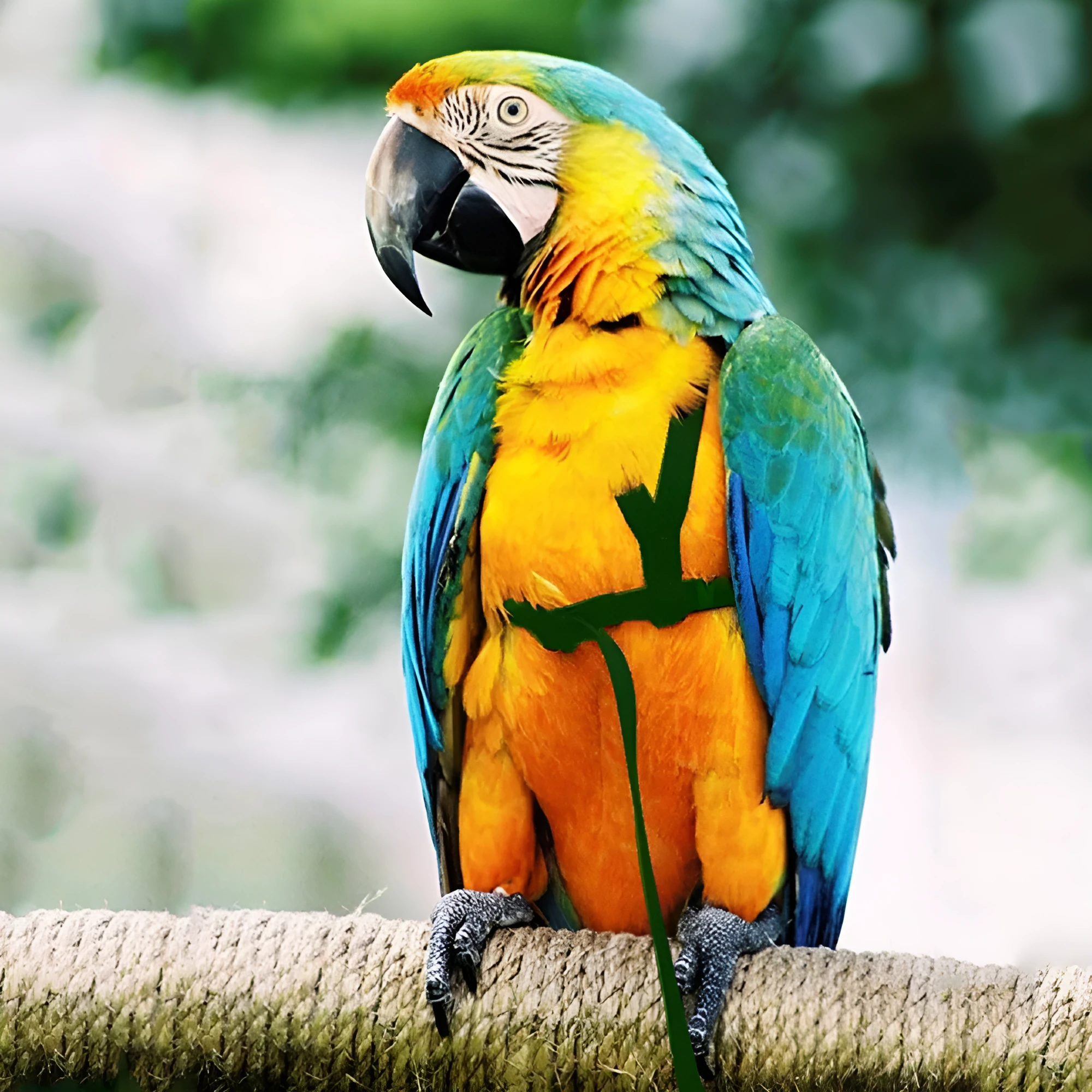 Nylon parrot hand holding rope in black, green, sapphire blue, and red on a training lead