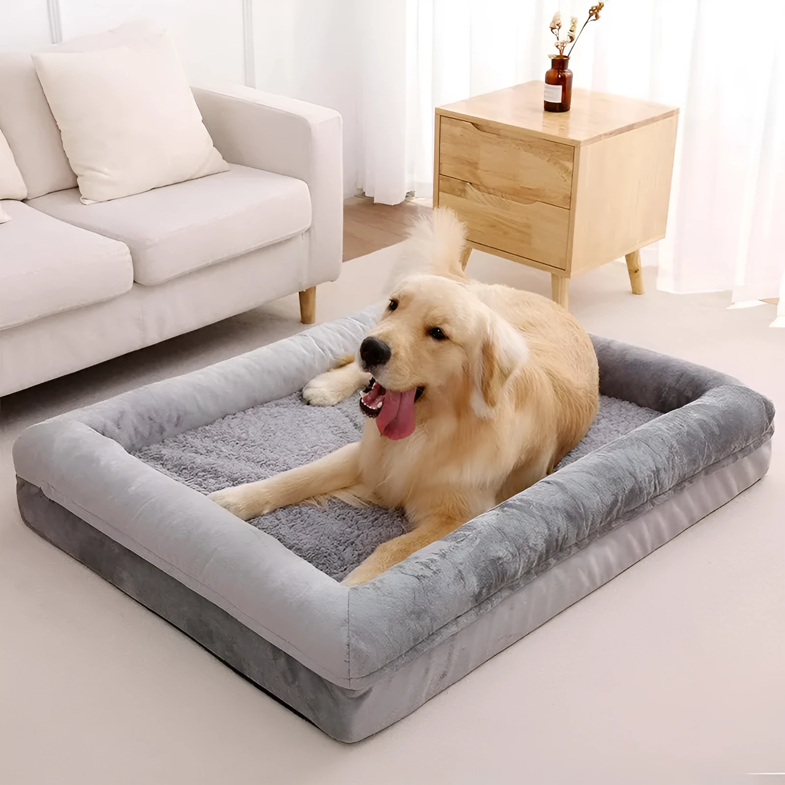 Rectangular cloth pet bed for large dogs, available in dark gray and light gray, sizes M, L, and XL