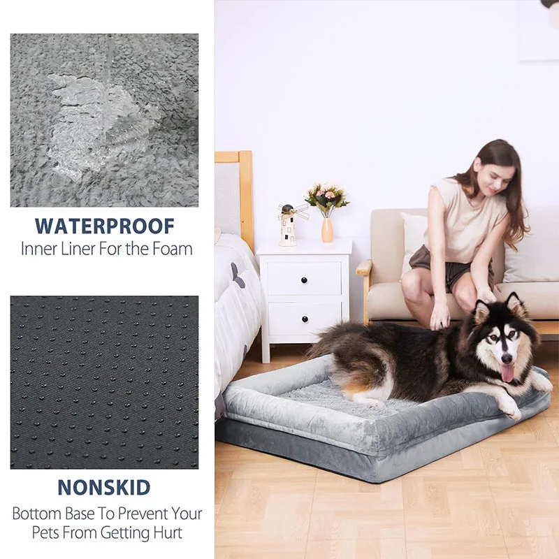 Rectangular cloth pet bed for large dogs, available in dark gray and light gray, sizes M, L, and XL