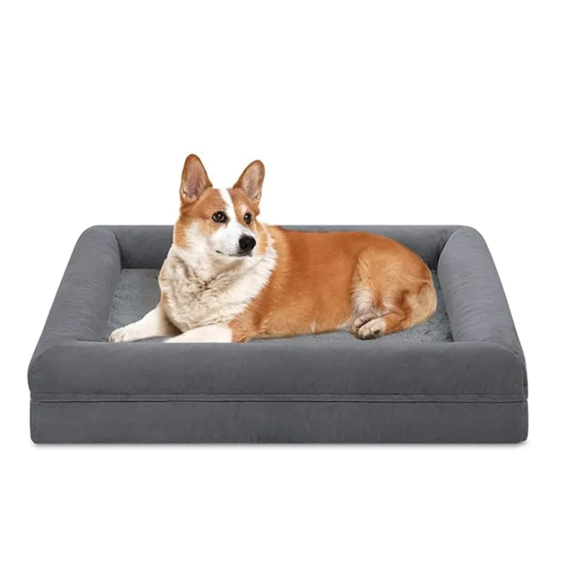 Rectangular cloth pet bed for large dogs, available in dark gray and light gray, sizes M, L, and XL