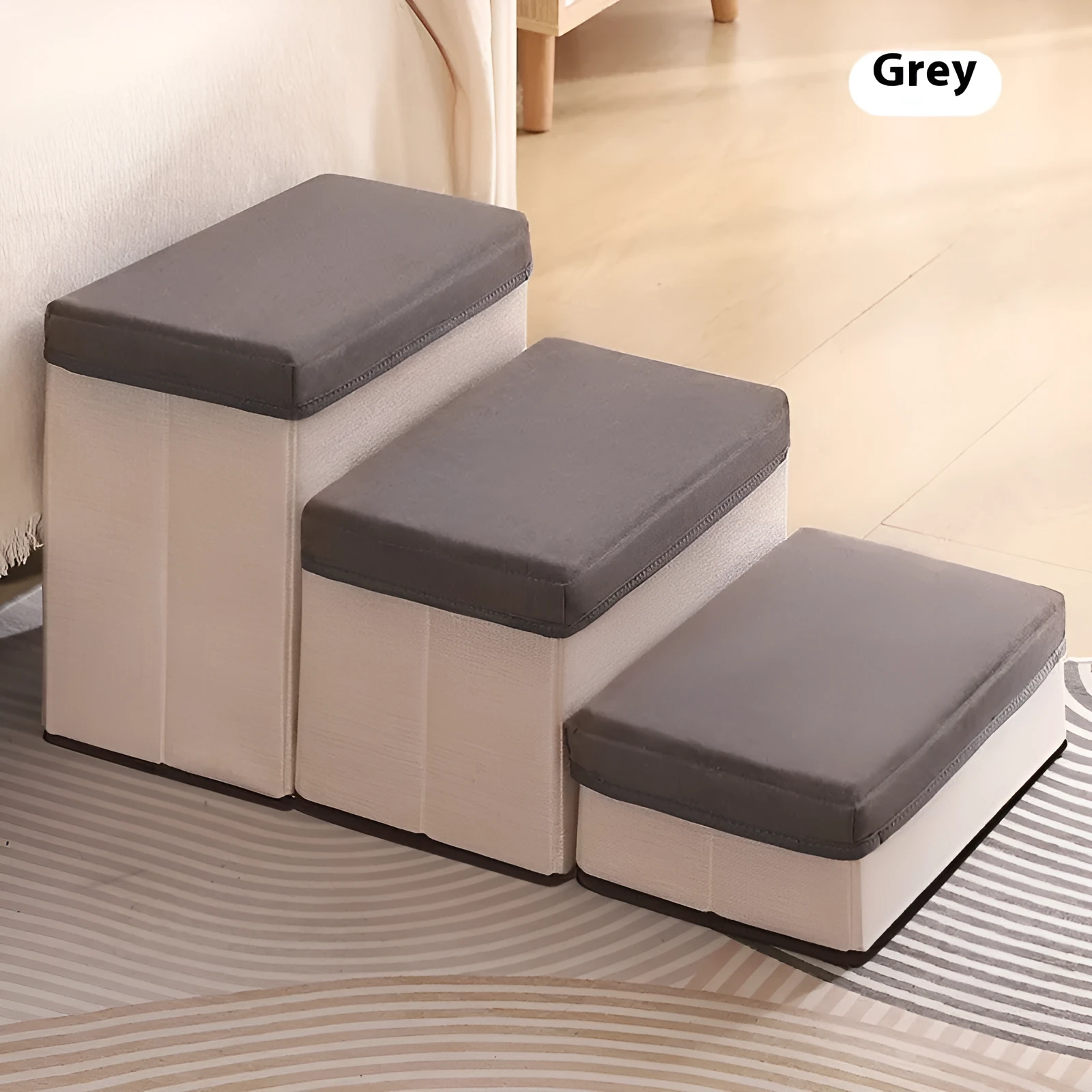 Brown foldable pet stairs steps for dogs with non-slip cloth surface on a floor
