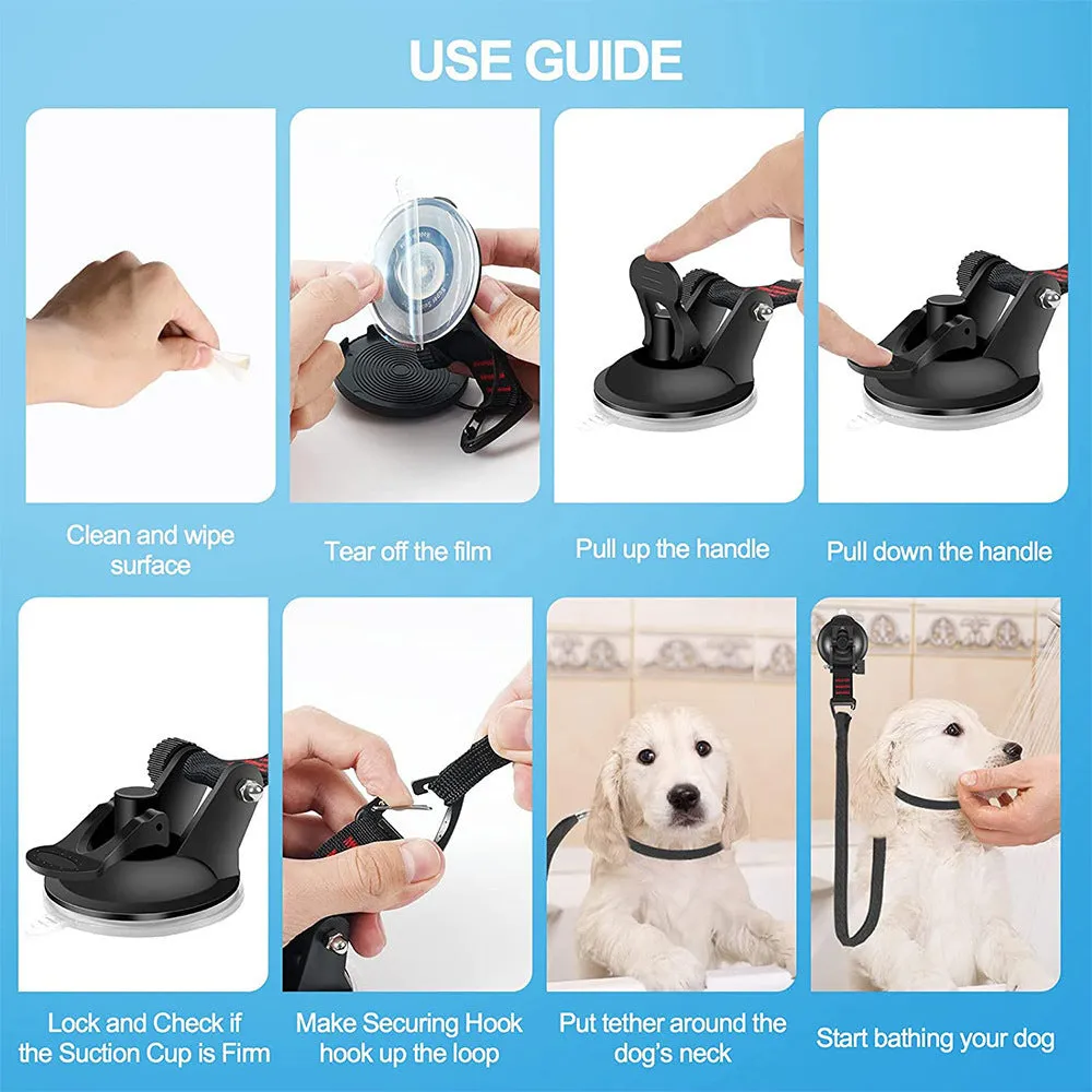 Pet bath restraint kit with four blue suction cup handcuffs and a connecting rope on bathroom tiles.