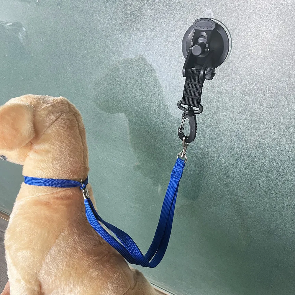 Pet bath restraint kit with four blue suction cup handcuffs and a connecting rope on bathroom tiles.