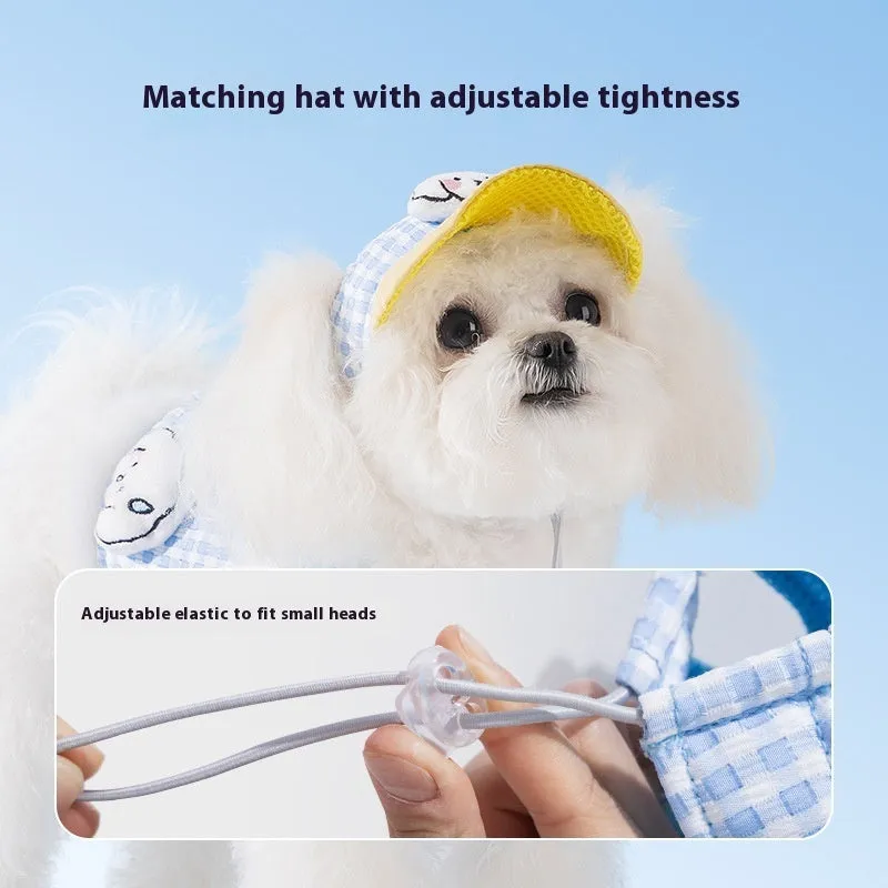 Blue puppy three-piece set including sunshade hat, anti-strangulation chest strap, and hand-holding rope made of bubble cotton