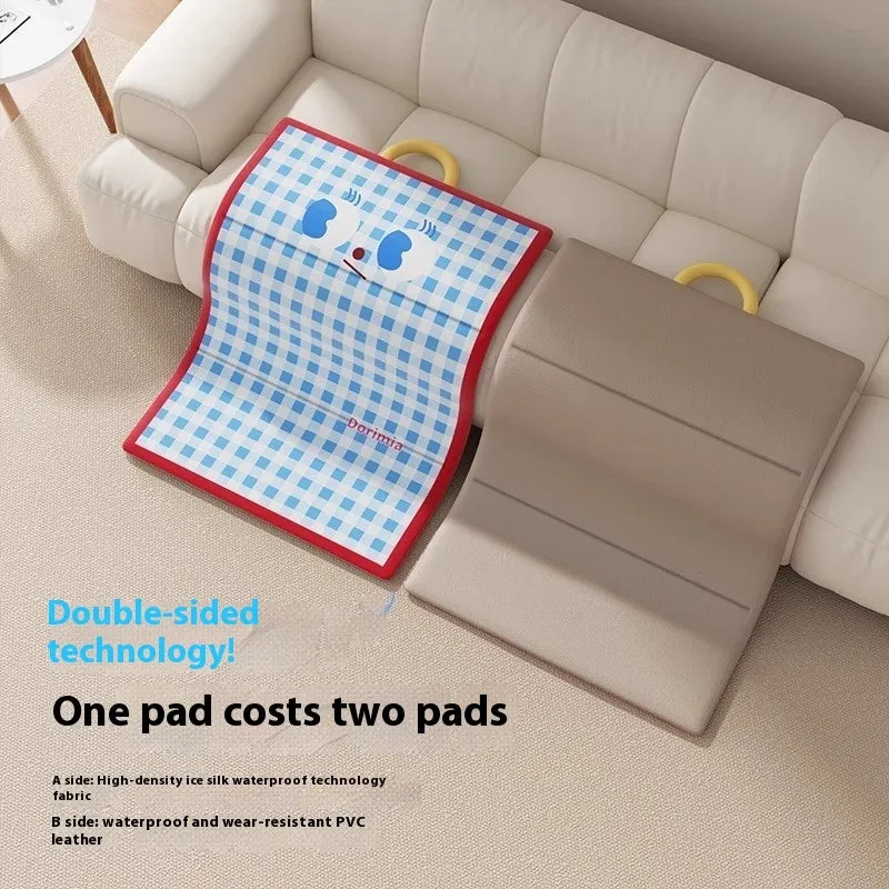 Blue plaid cool pad for dog or cat made from ice silk fabric with waterproof artificial leather base, size 72x50cm