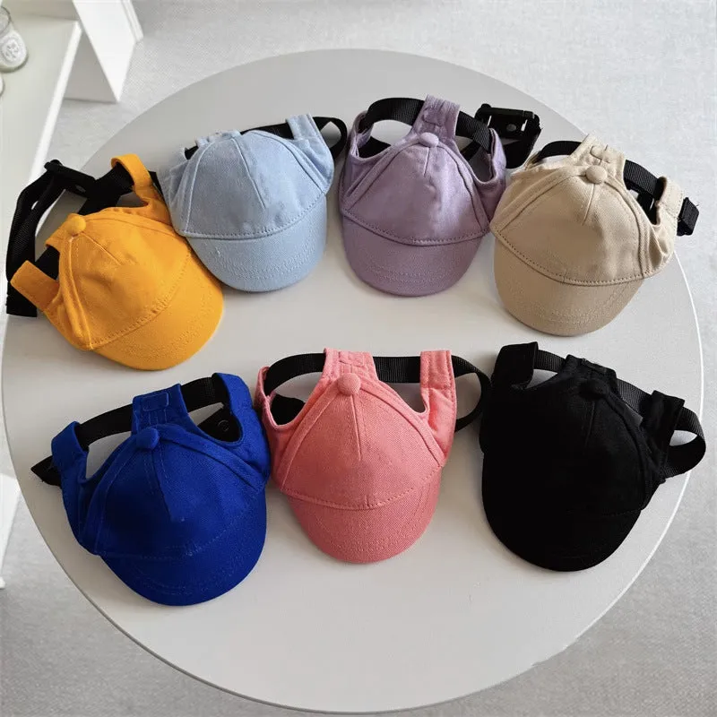 Adjustable sun-proof cotton pet baseball cap with exposed ears in apricot on dog