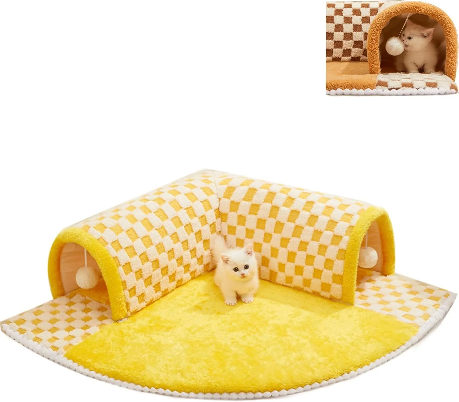 Brown plaid collapsible cat tunnel bed with central mat on a wooden floor.