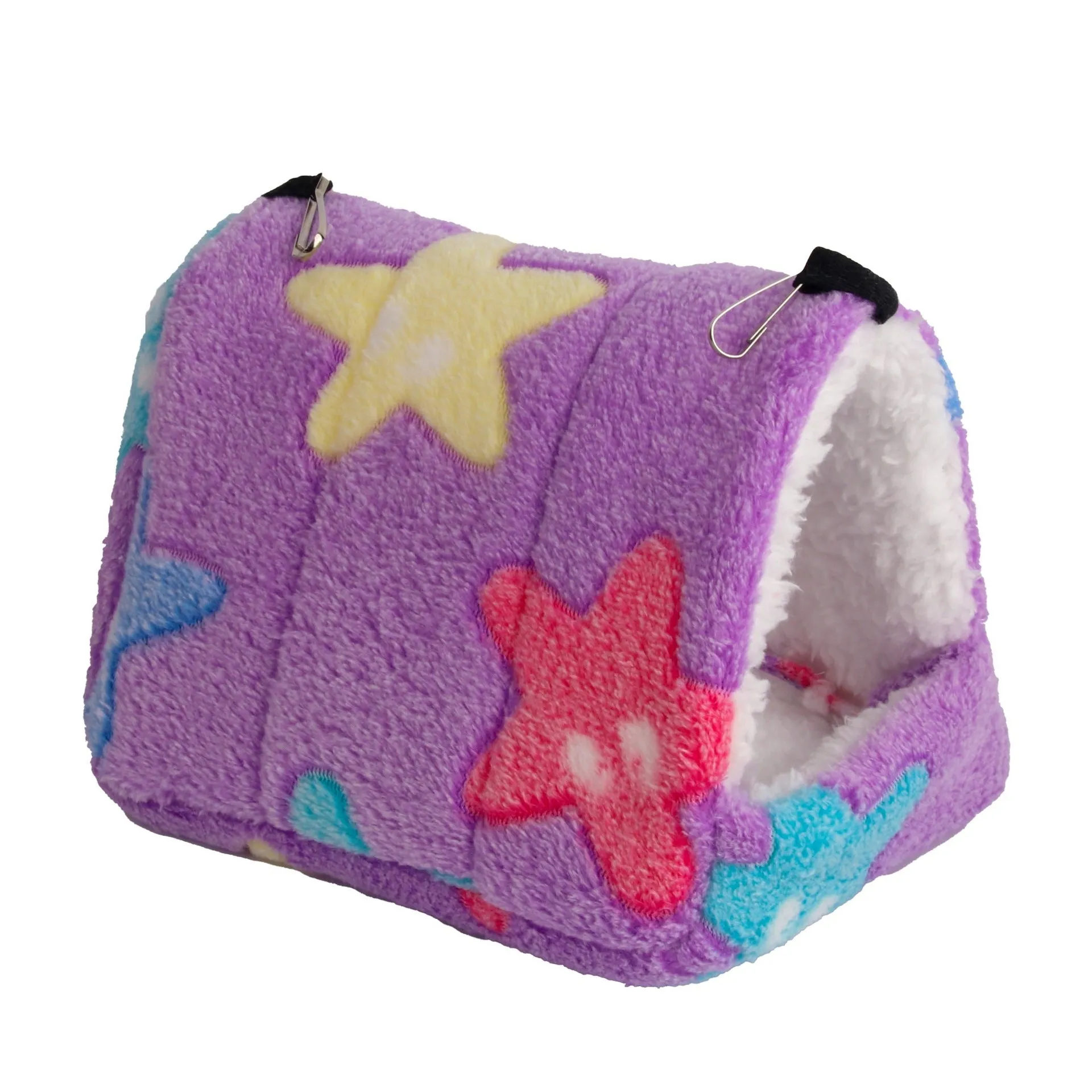 Flannel small pet sleeping bag in pink with hook for cage attachment, suitable for hamsters and hedgehogs