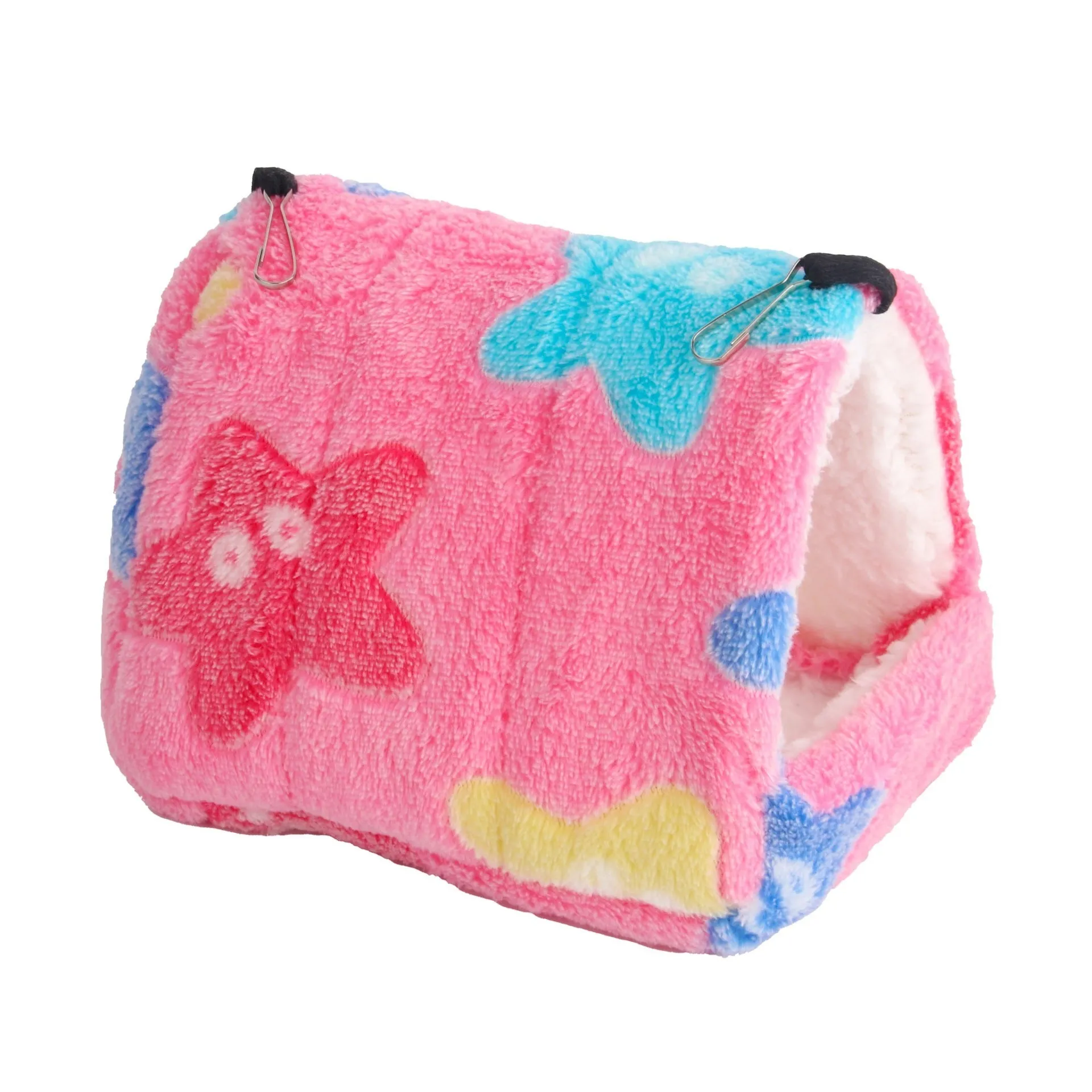 Flannel small pet sleeping bag in pink with hook for cage attachment, suitable for hamsters and hedgehogs