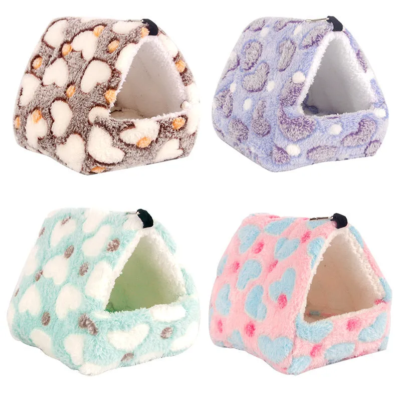 Flannel small pet sleeping bag in pink with hook for cage attachment, suitable for hamsters and hedgehogs