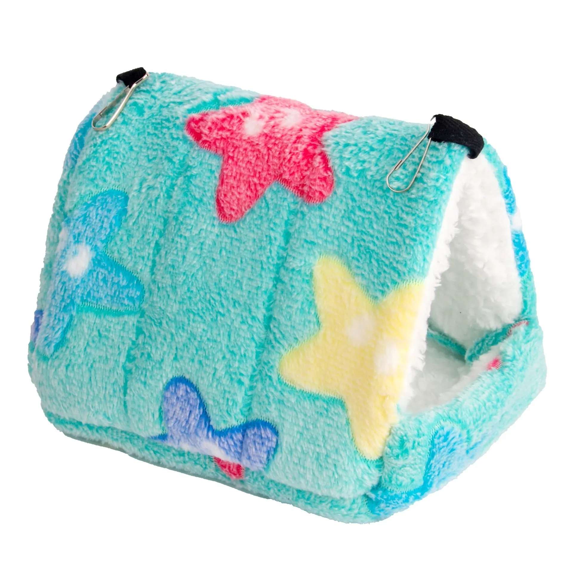 Flannel small pet sleeping bag in pink with hook for cage attachment, suitable for hamsters and hedgehogs