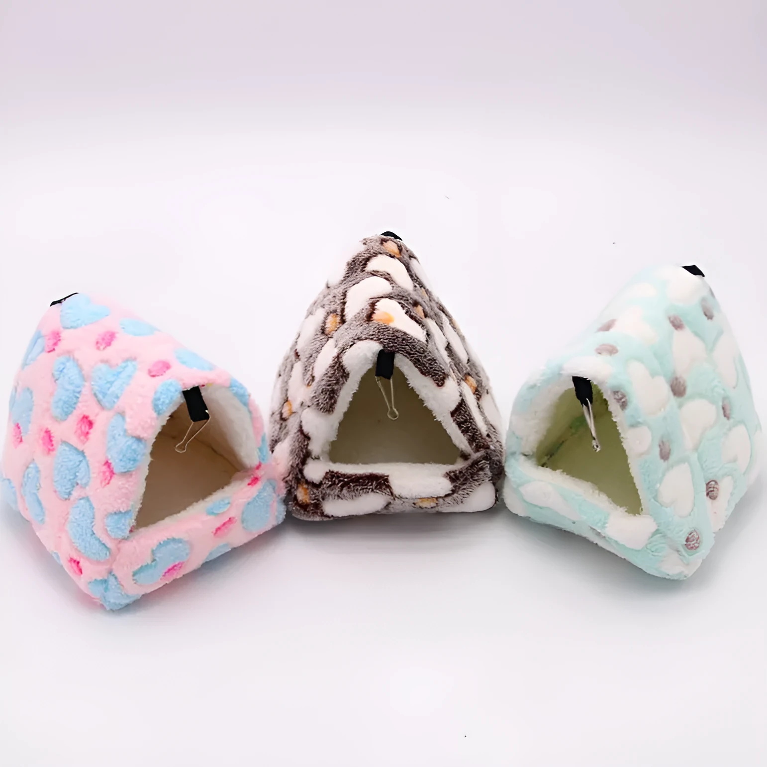 Flannel small pet sleeping bag in pink with hook for cage attachment, suitable for hamsters and hedgehogs