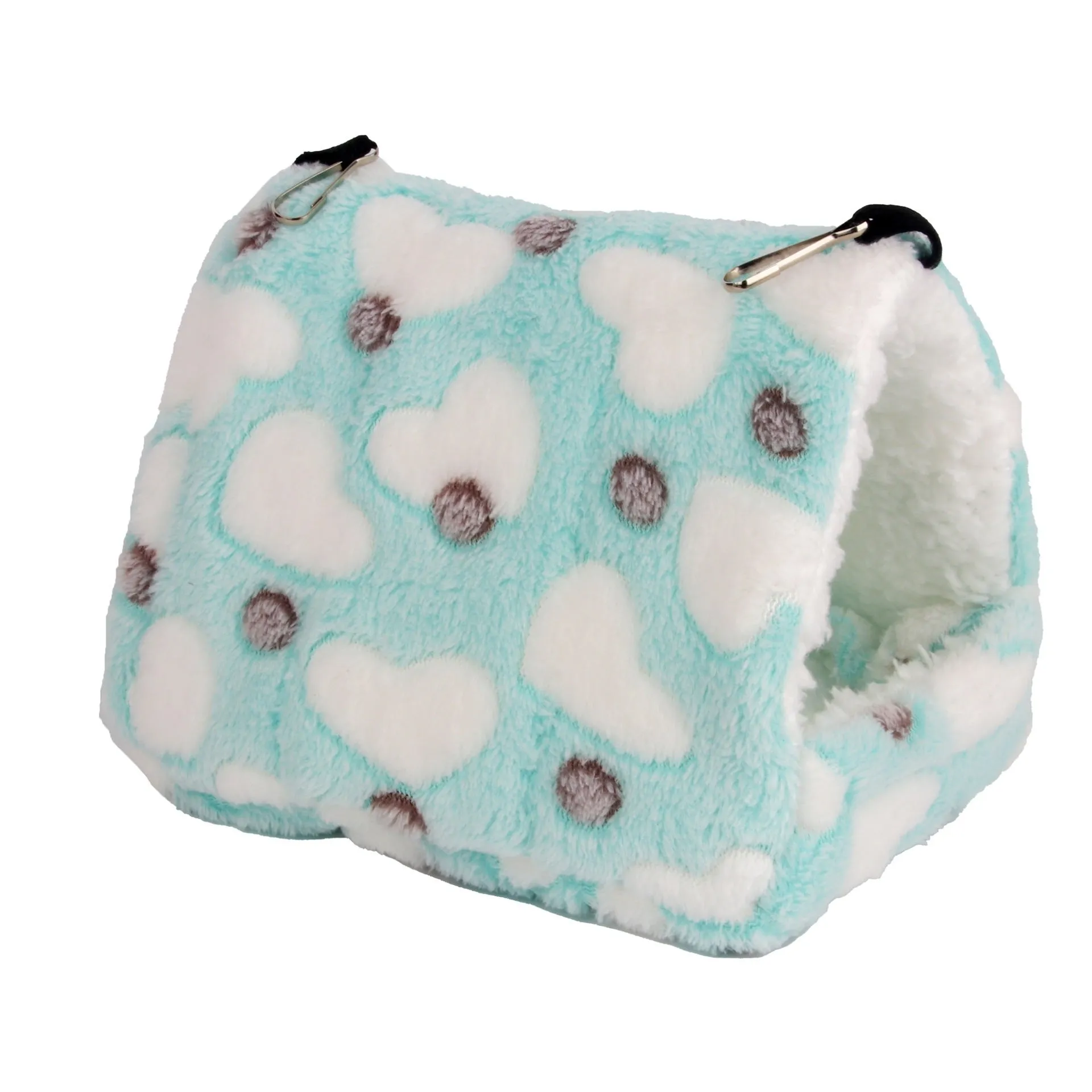 Flannel small pet sleeping bag in pink with hook for cage attachment, suitable for hamsters and hedgehogs