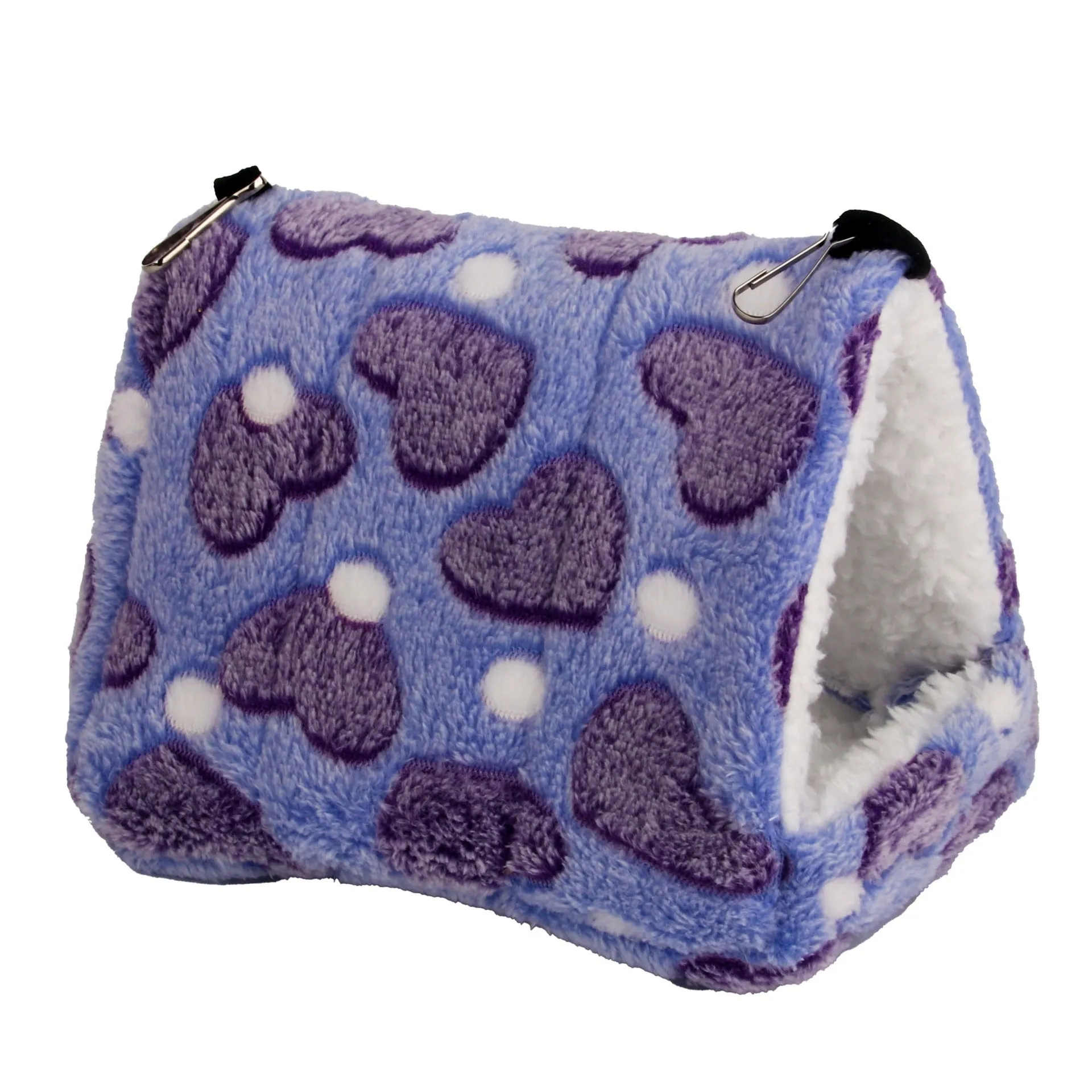Flannel small pet sleeping bag in pink with hook for cage attachment, suitable for hamsters and hedgehogs